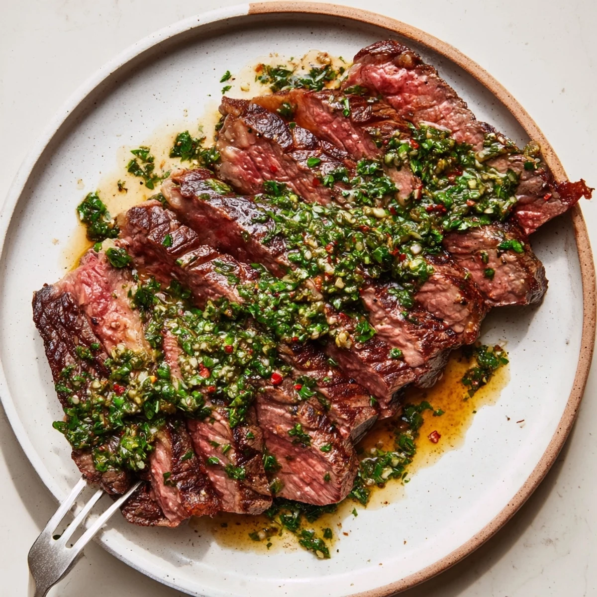 Grilled Chimichurri Steak Recipe arranged on platter, ready to serve family-style.
