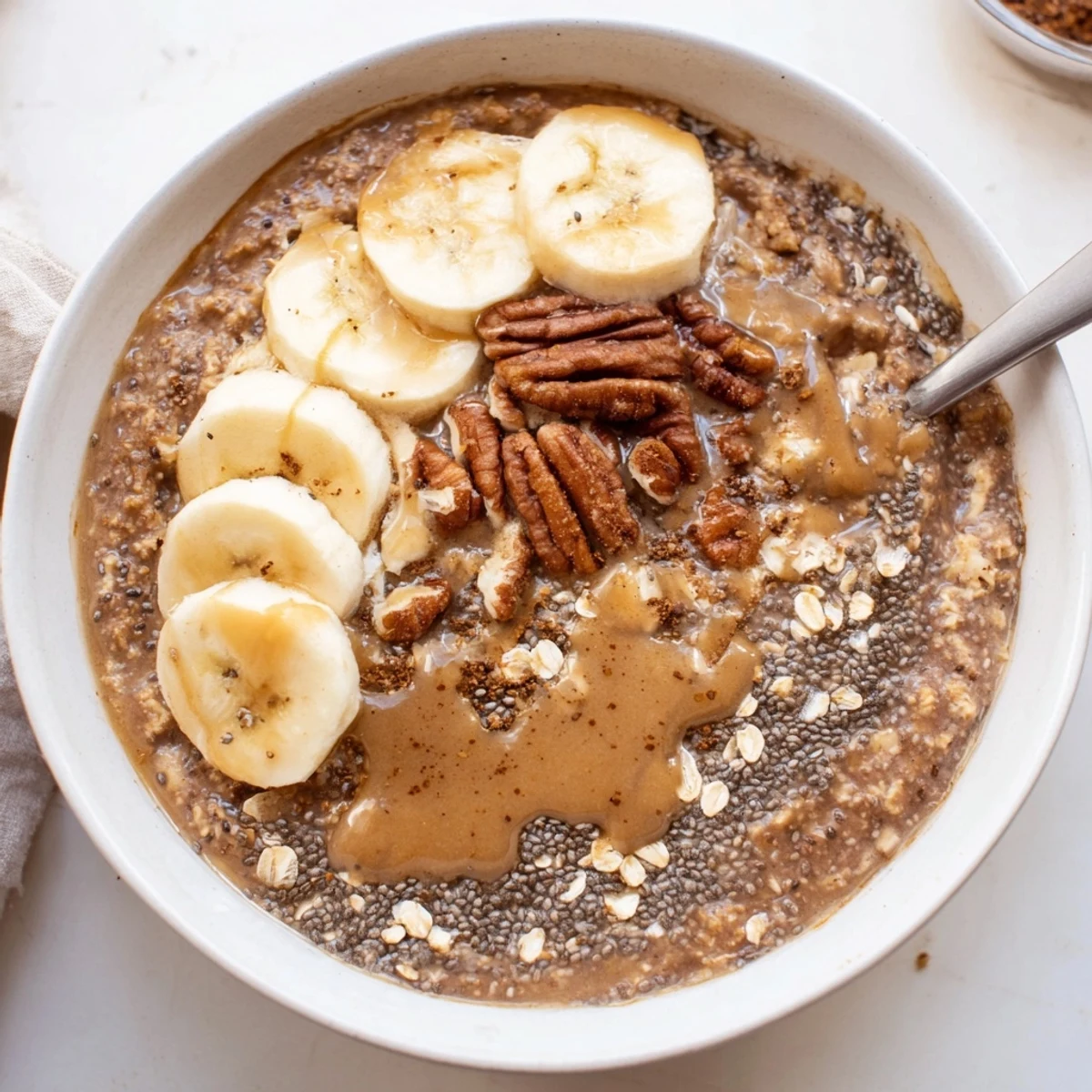 Make-ahead Brown Sugar Coffee Overnight Oats chilling in jar, garnished with maple drizzle