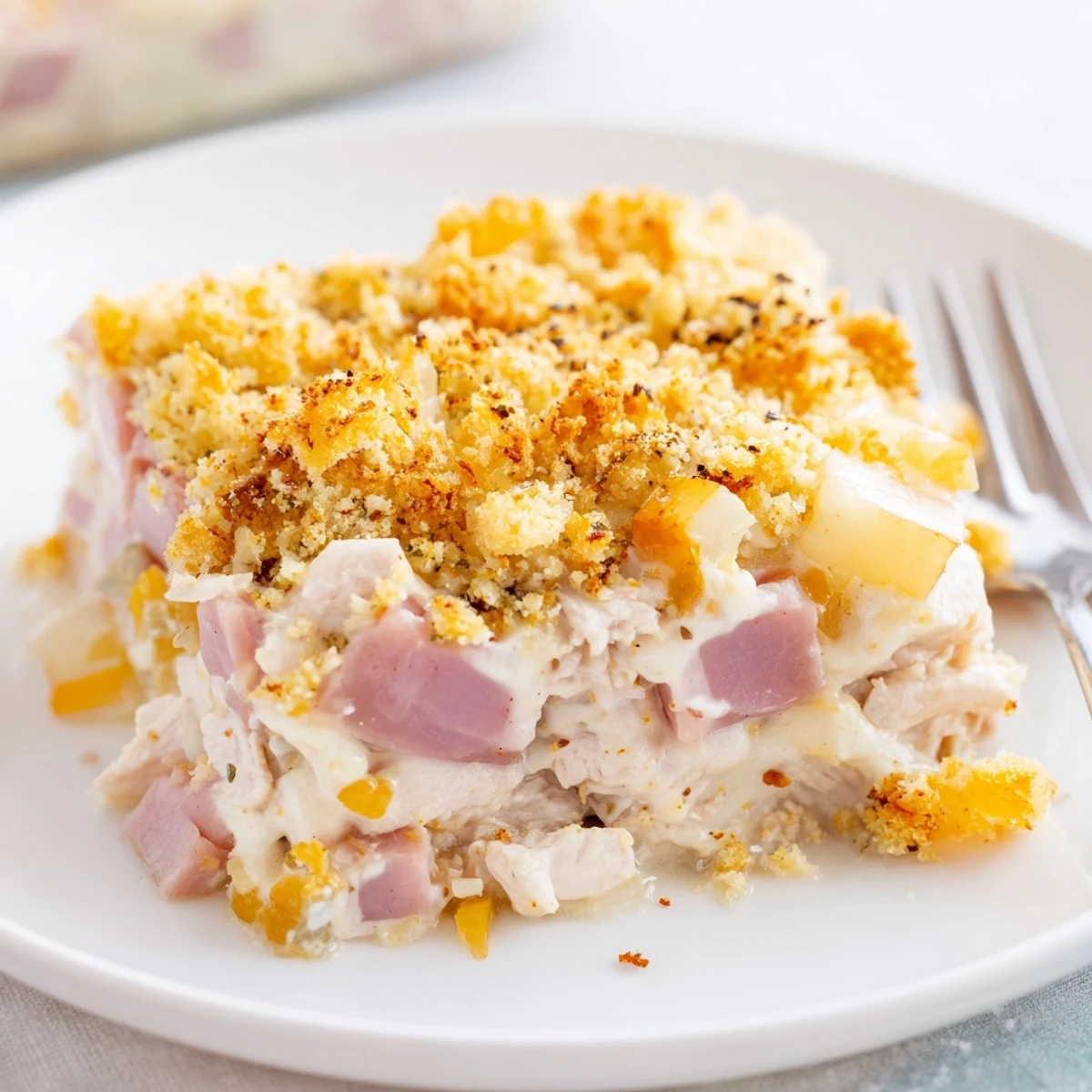 Golden, bubbling Chicken Cordon Bleu Casserole with melted Swiss and crunchy Panko topping