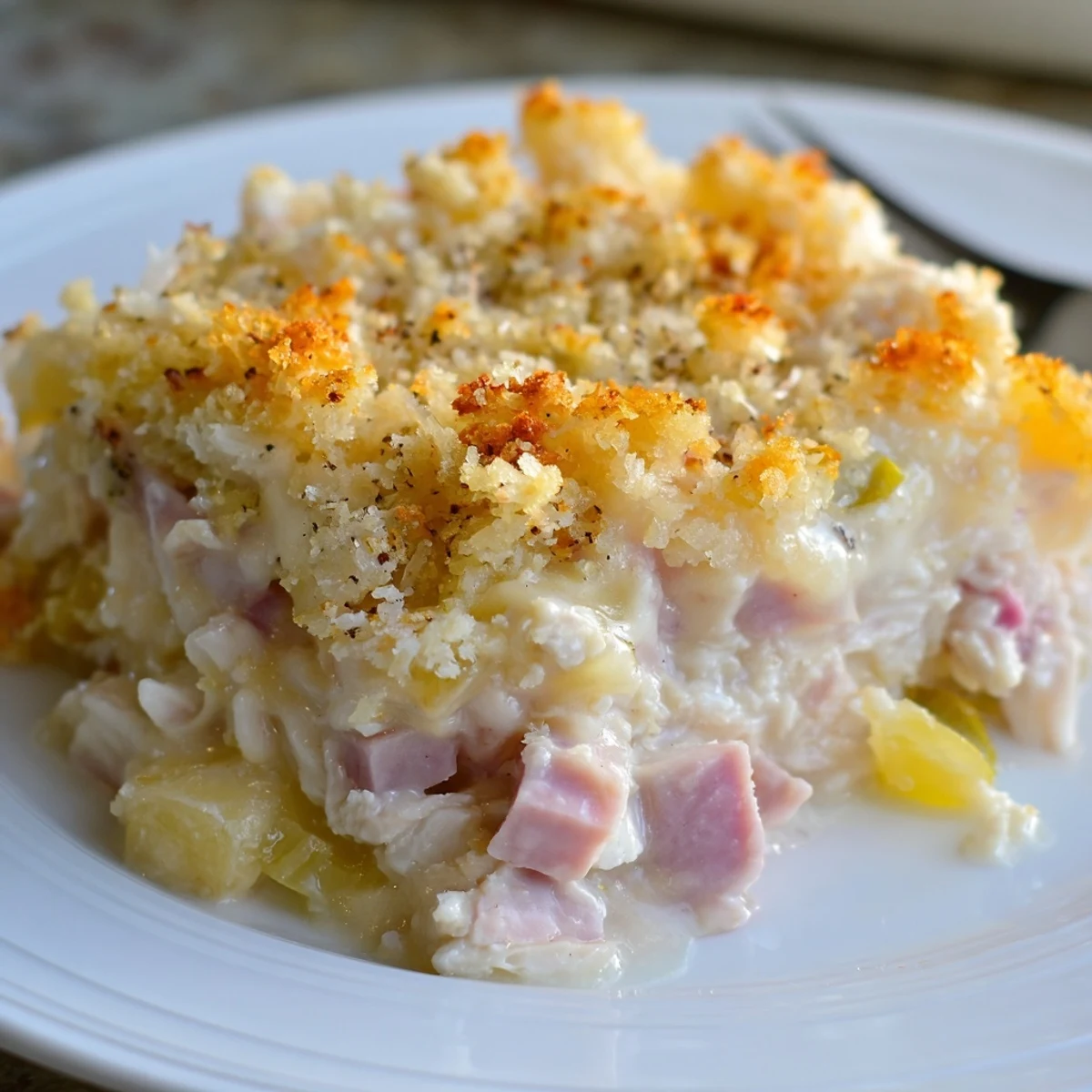 Oven-fresh Chicken Cordon Bleu Casserole steaming beside a crisp green salad for serving