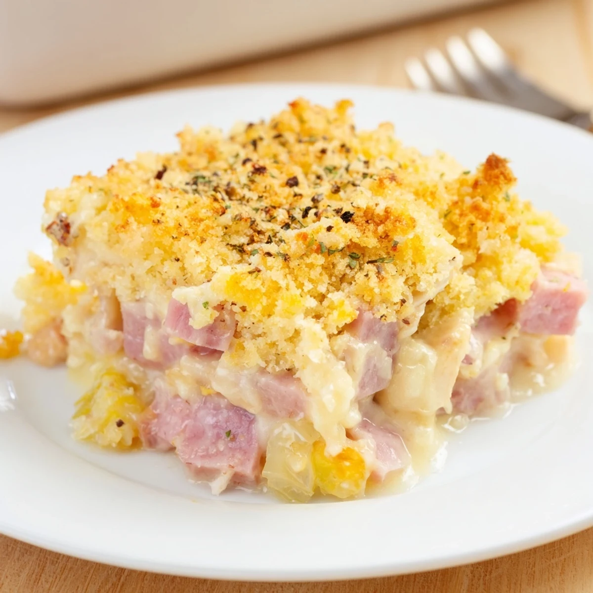 Creamy Dijon sauce-soaked Chicken Cordon Bleu Casserole, buttery aroma and browned crust