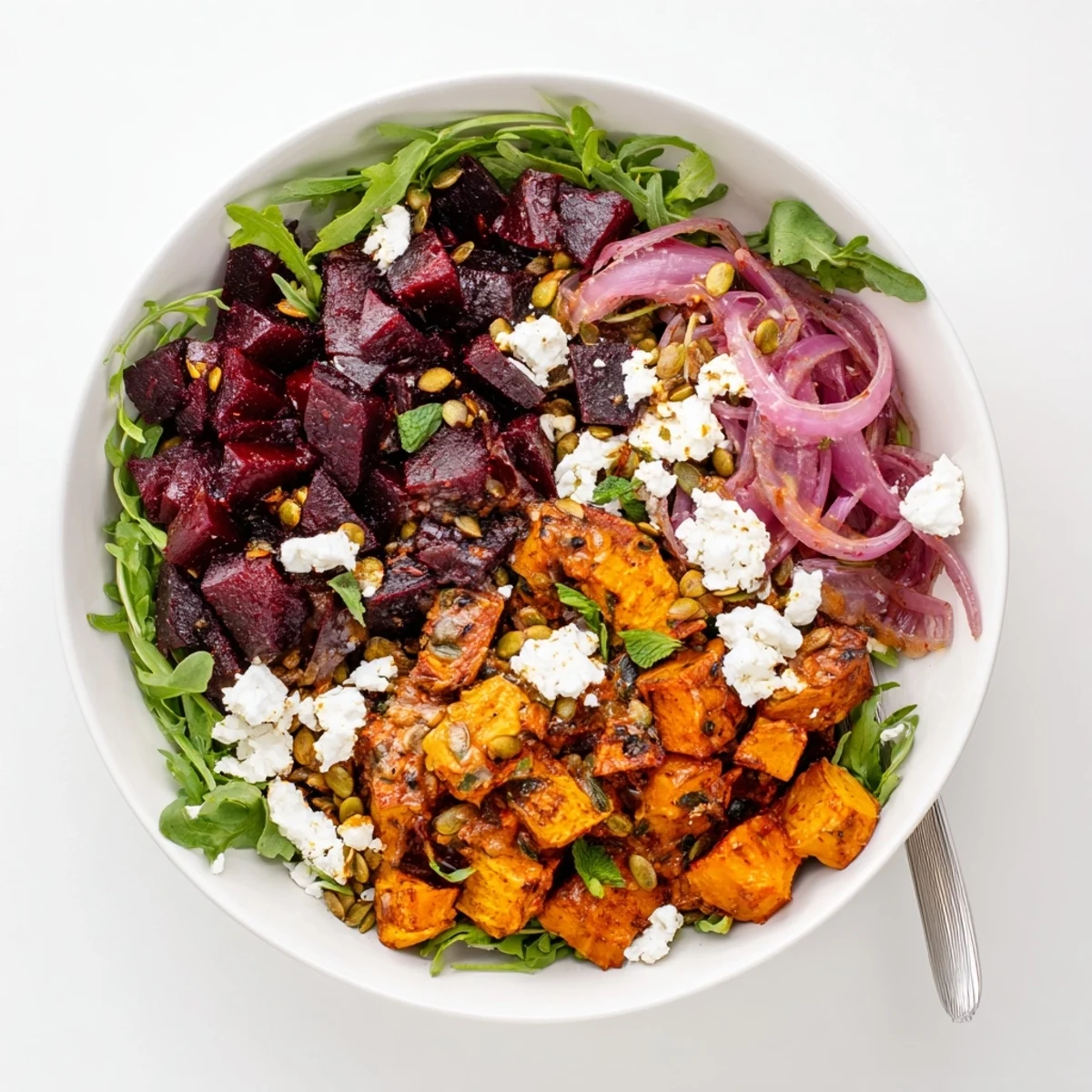 Creamy Roasted Beet Salad With Sweet Potato Feta drizzled with tangy yogurt dressing.