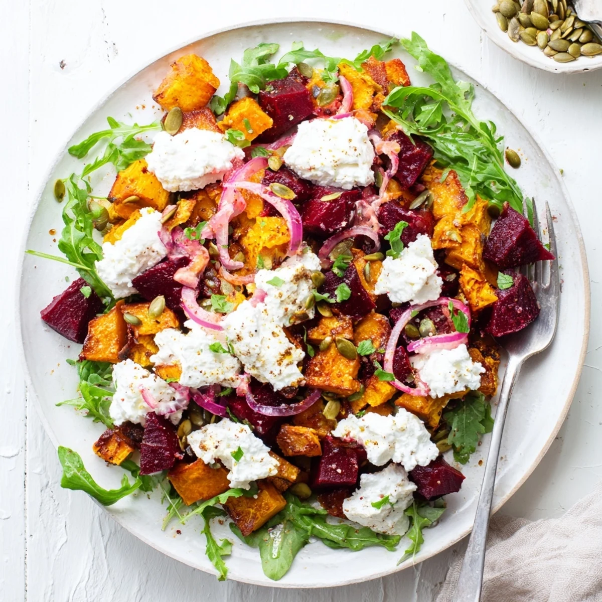 Warm Creamy Roasted Beet Salad With Sweet Potato Feta atop peppery arugula.