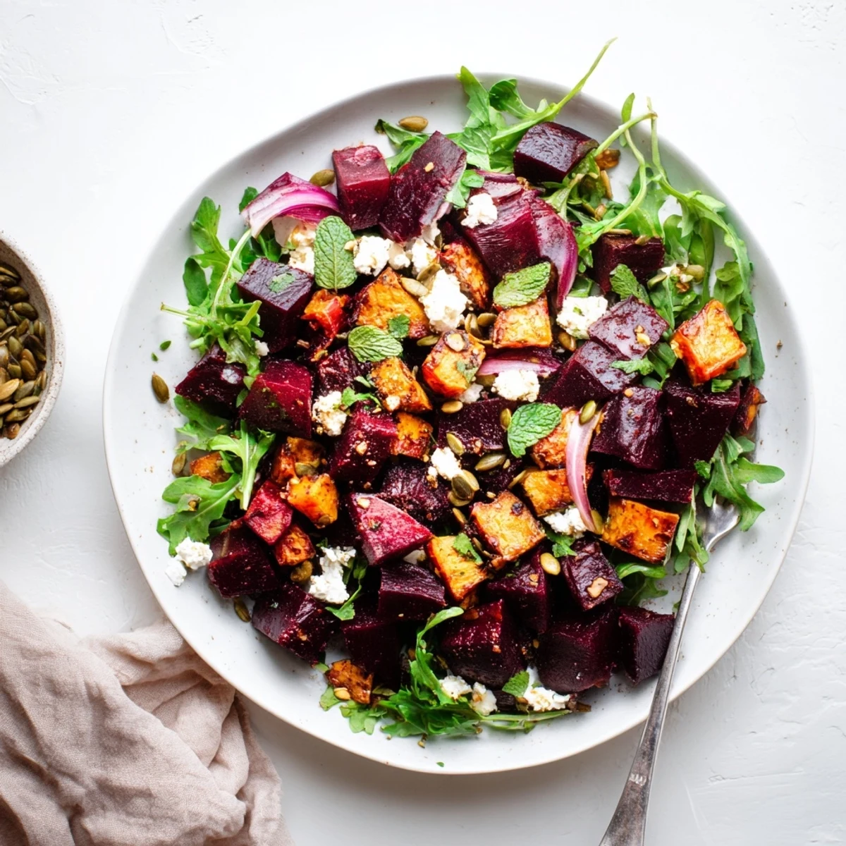 Serve Creamy Roasted Beet Salad With Sweet Potato Feta warm or chilled.