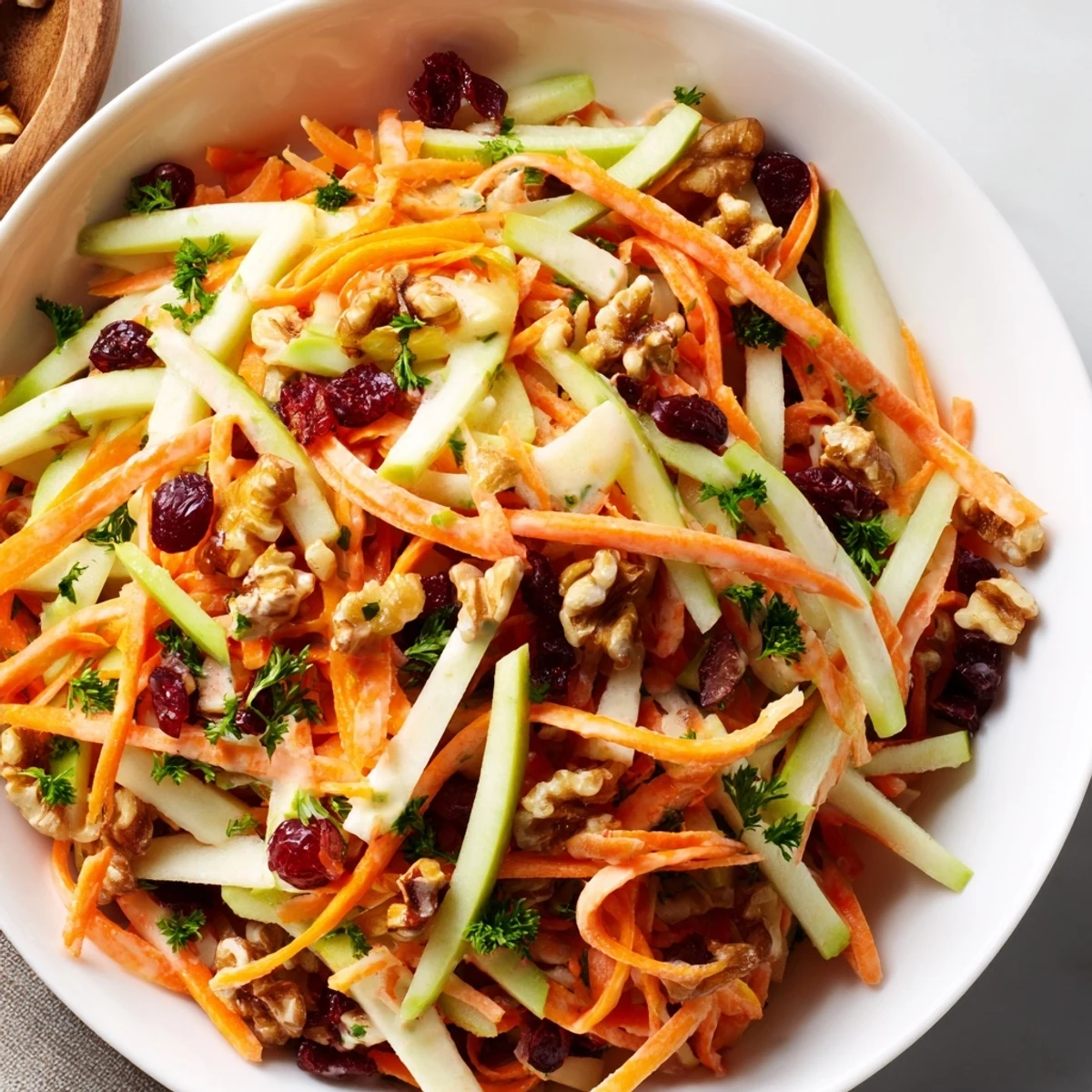 Tossed with walnuts and parsley, Crunchy Apple Carrot Salad With Creamy Citrus Dressing