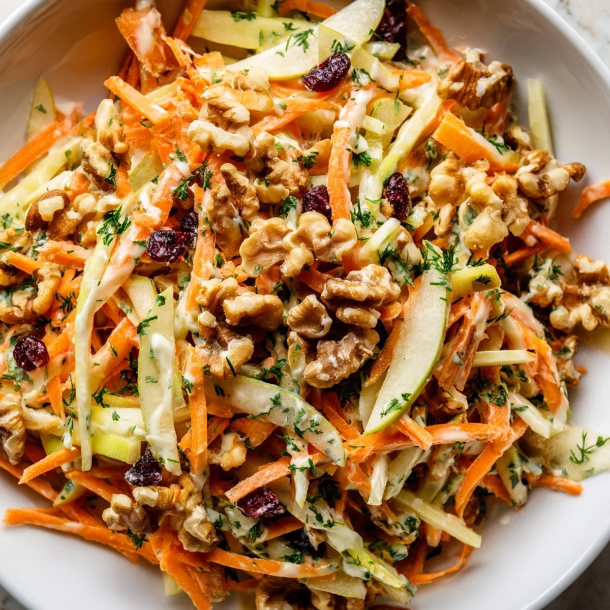 Served chilled with herbs and nuts, Crunchy Apple Carrot Salad With Creamy Citrus Dressing