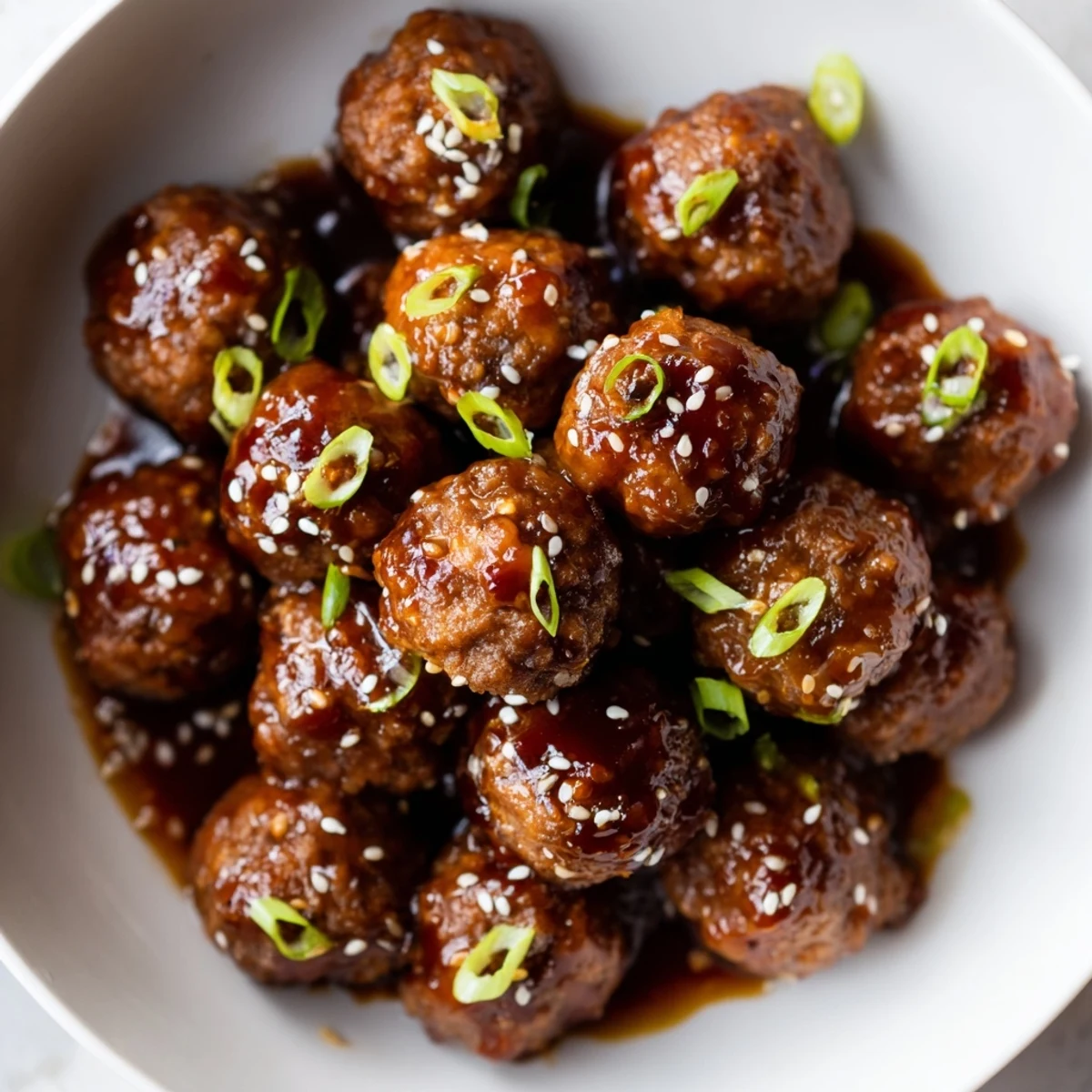 Firecracker Meatballs glistening in sticky red sauce, sesame sprinkled, served with rice