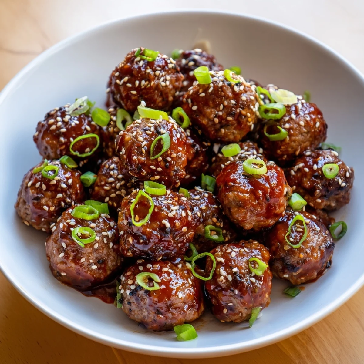 Bowl of Firecracker Meatballs tossed in sweet and spicy glaze, scallions