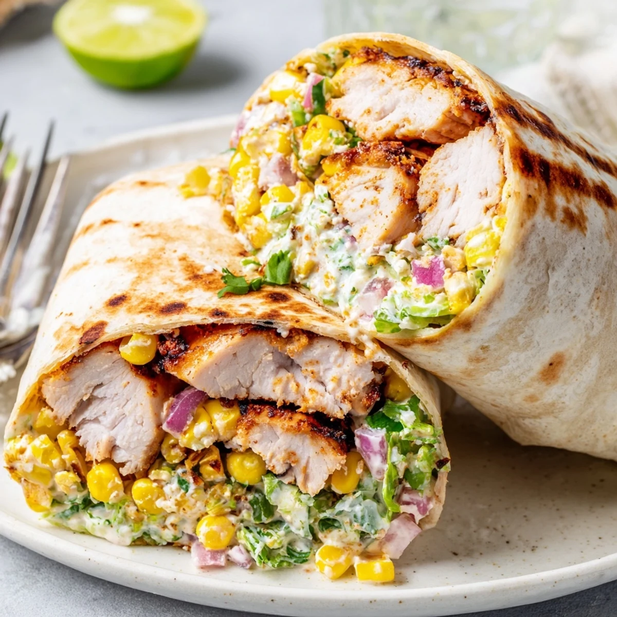 Quick Mexican Street Corn Chicken Wraps with smoky grilled chicken and lime