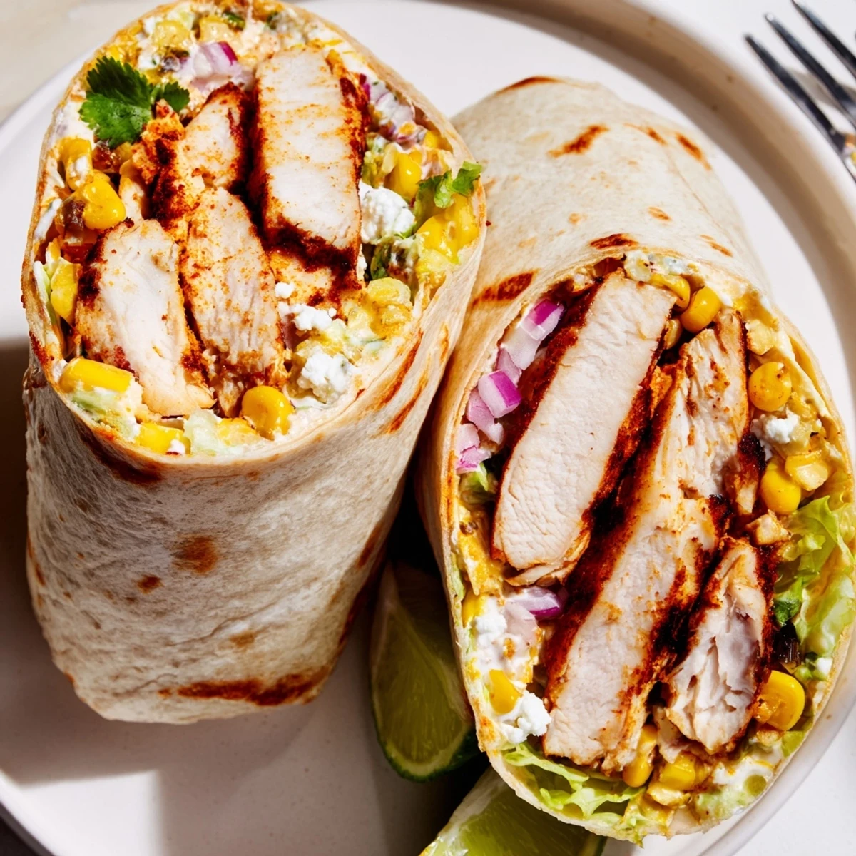 Quick Mexican Street Corn Chicken Wraps sliced, showing creamy corn, Cotija, cilantro