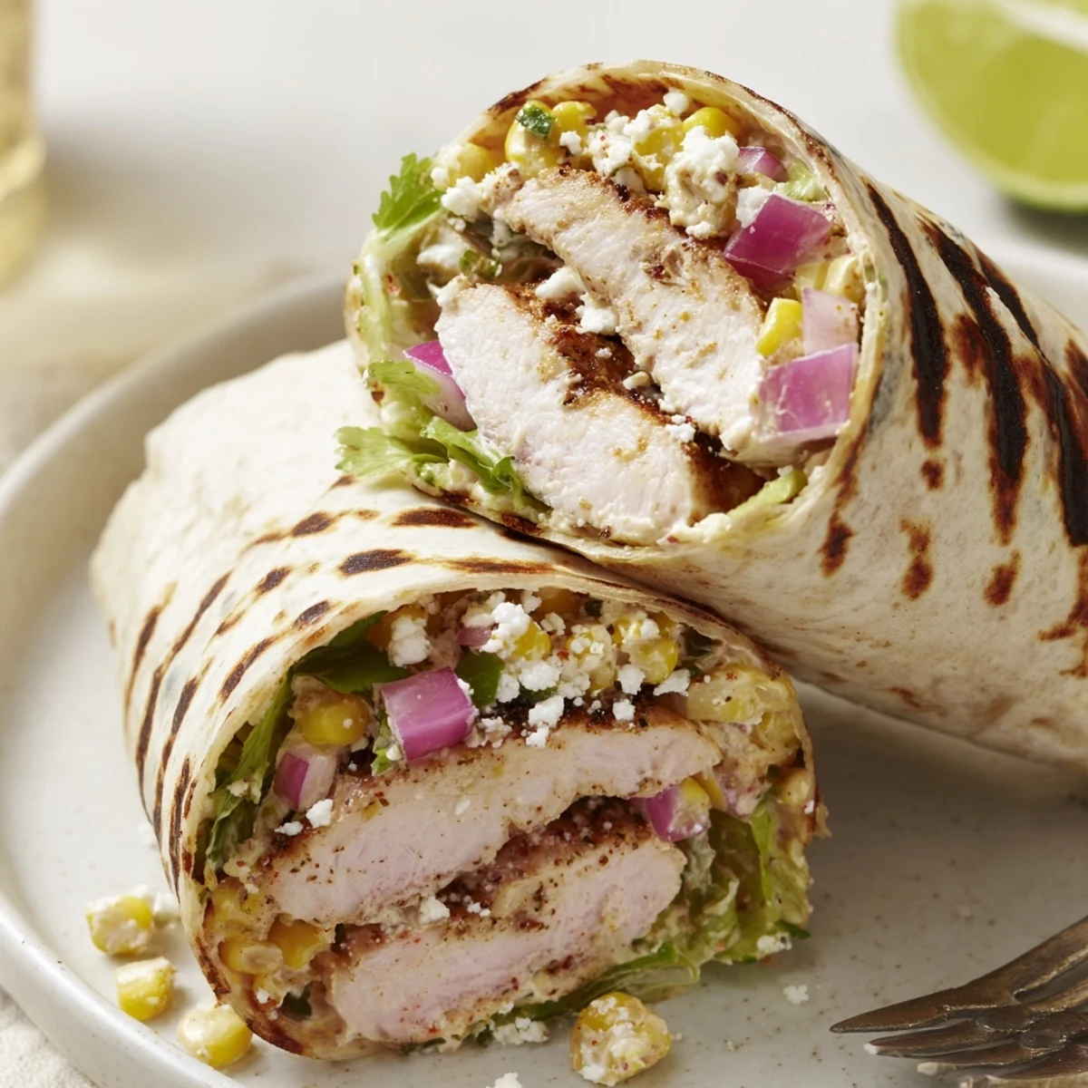 Quick Mexican Street Corn Chicken Wraps warm on plate, crisp lettuce, jalapeño