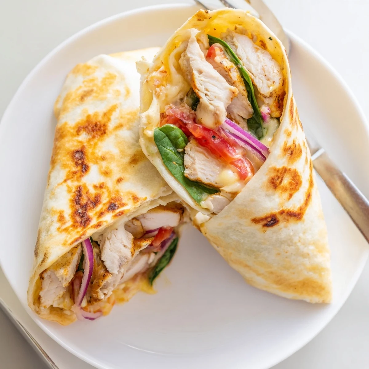 Cozy Cheesy Garlic Chicken Wraps split, gooey cheese oozing, golden grilled crust