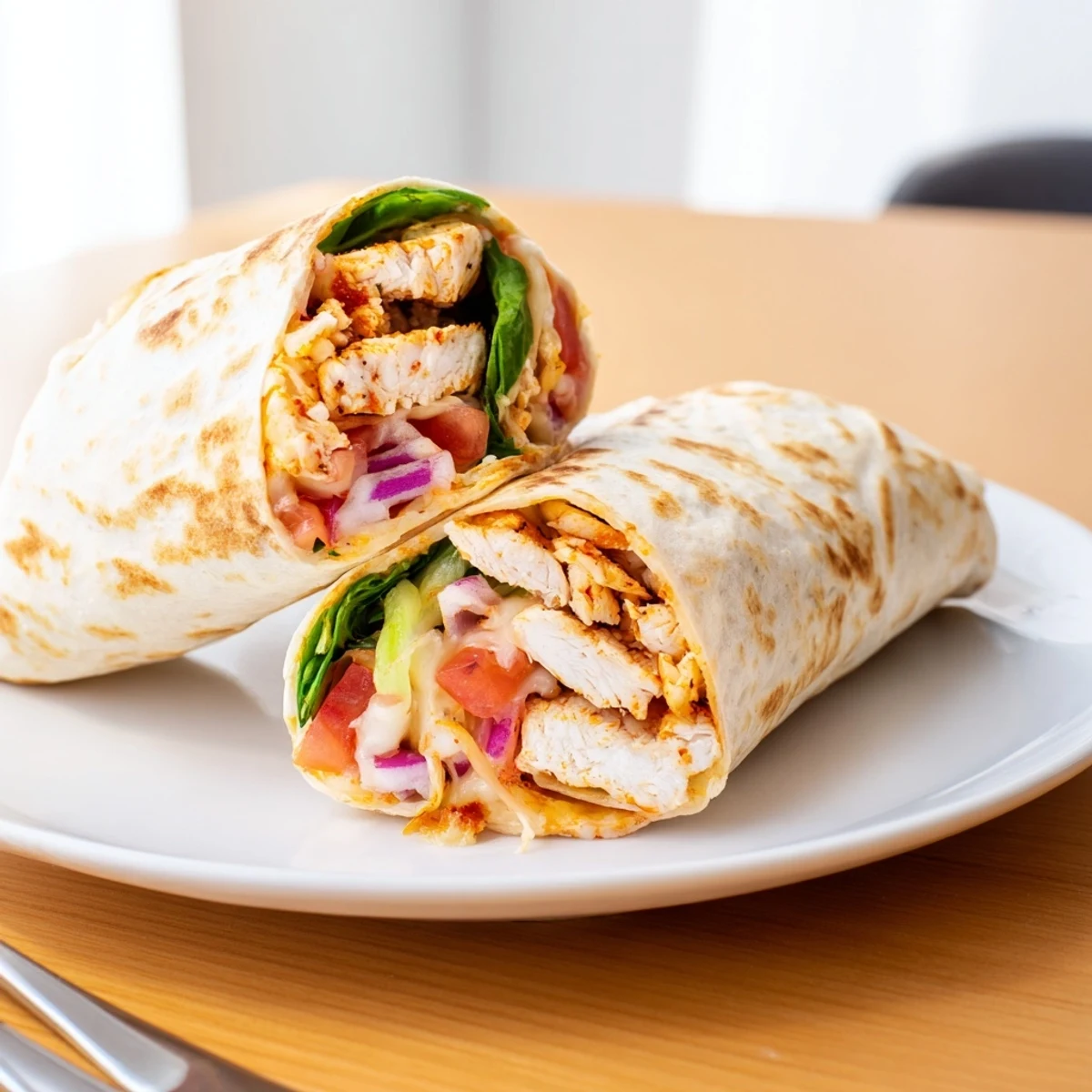 Pan-seared Cozy Cheesy Garlic Chicken Wraps served hot, sliced, with tangy tomato