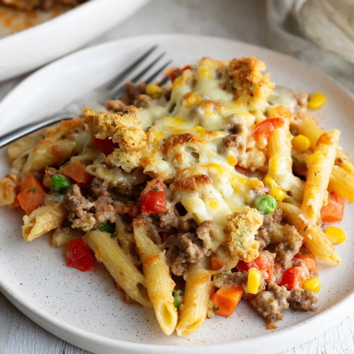 Hearty Cheesy Baked Casserole steaming with golden cheese, bubbling and ready