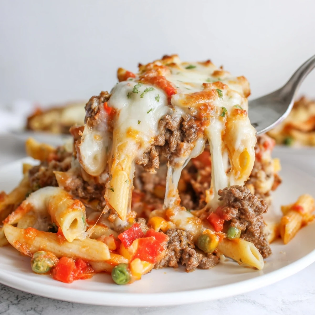 Slice of Hearty Cheesy Baked Casserole on plate, creamy pasta, crisp topping