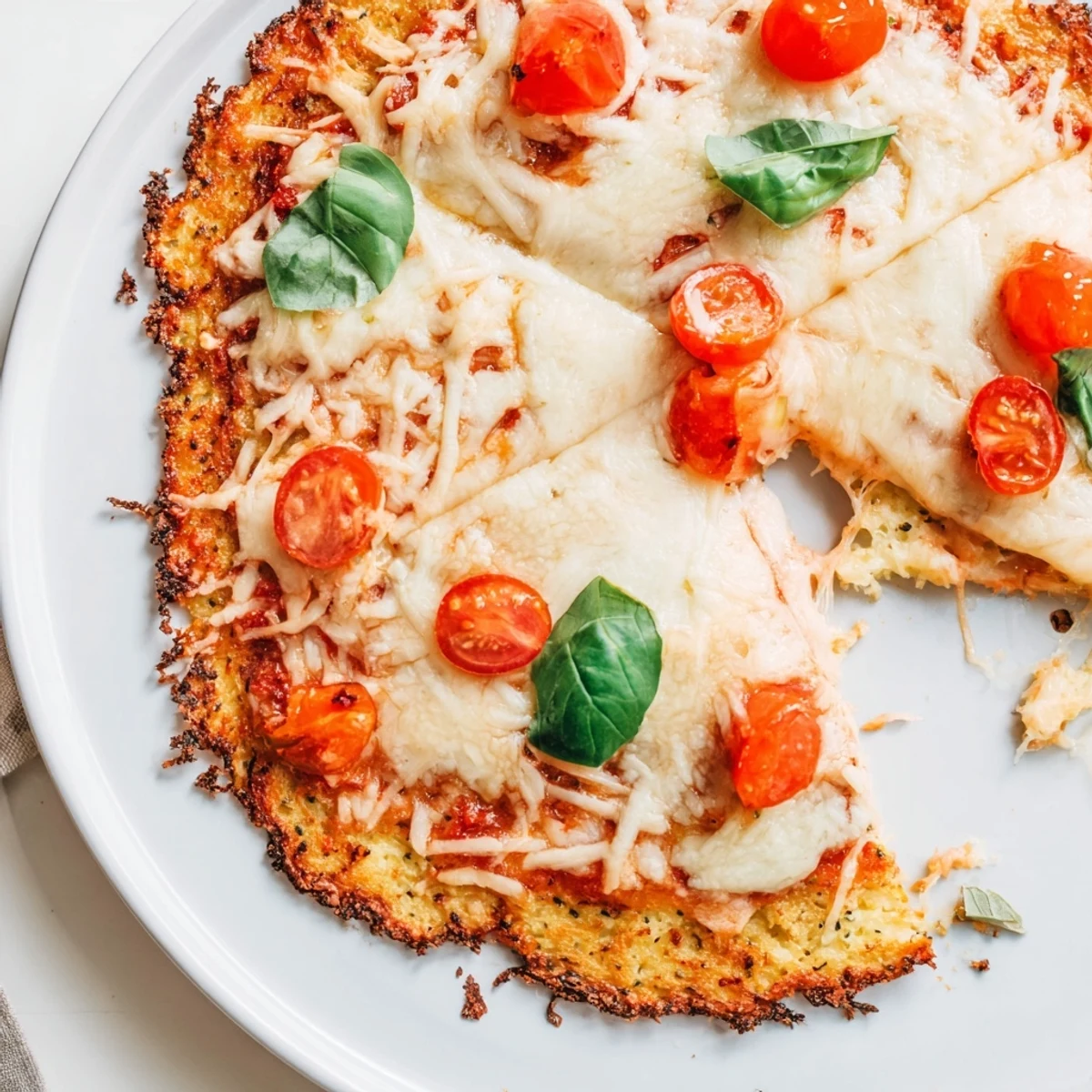 Close-up of Stone Baked Cheesy Cauliflower Keto Pizza on hot pizza stone.