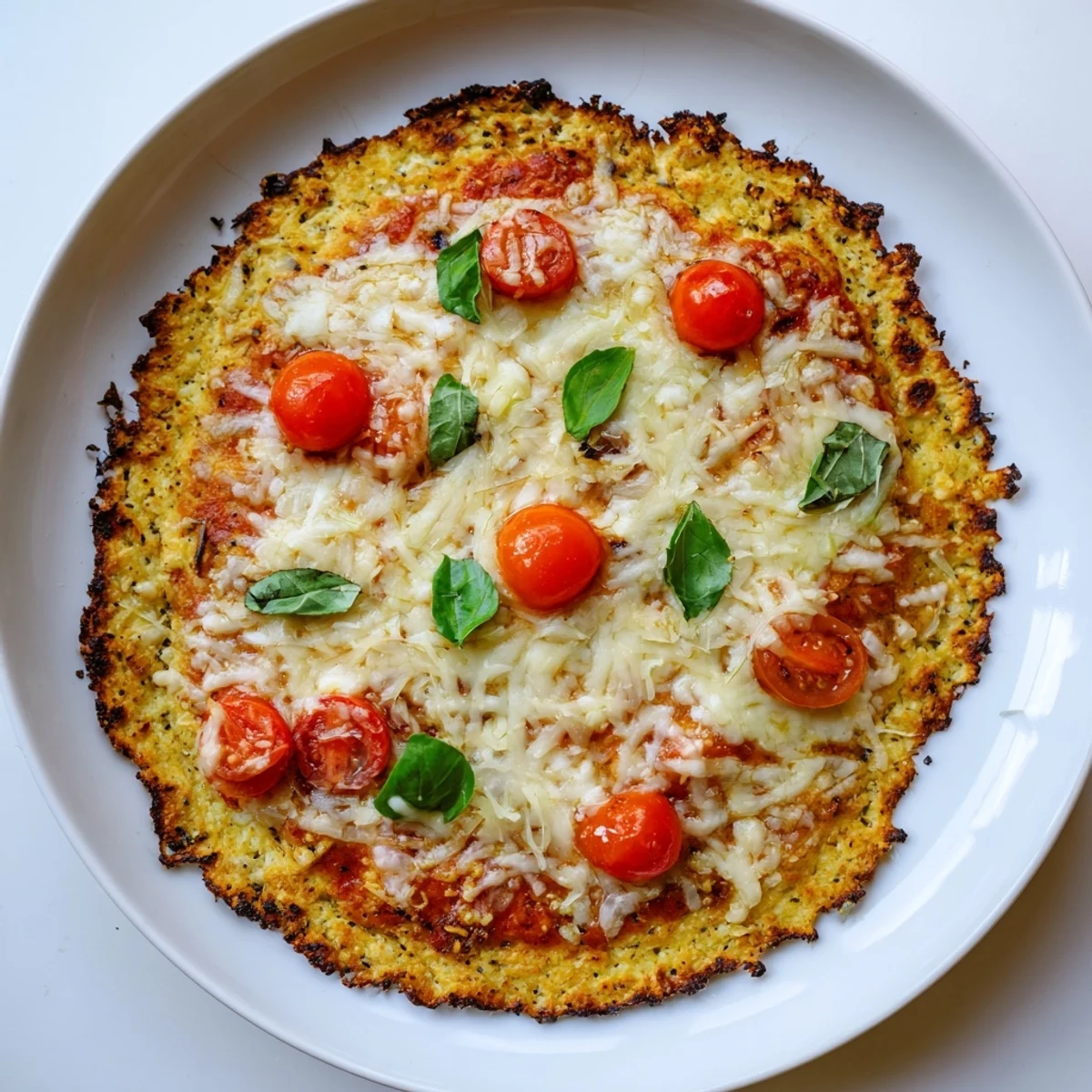 Stone Baked Cheesy Cauliflower Keto Pizza with bubbling golden cheese, fresh basil.