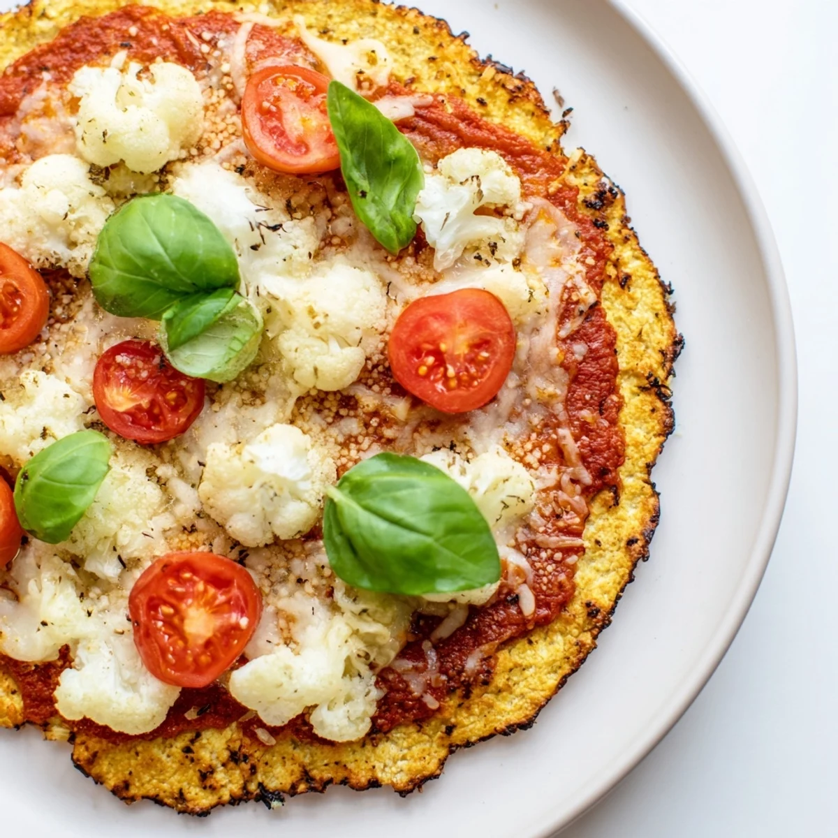 Sliced Stone Baked Cheesy Cauliflower Keto Pizza served with crisp salad and wine.
