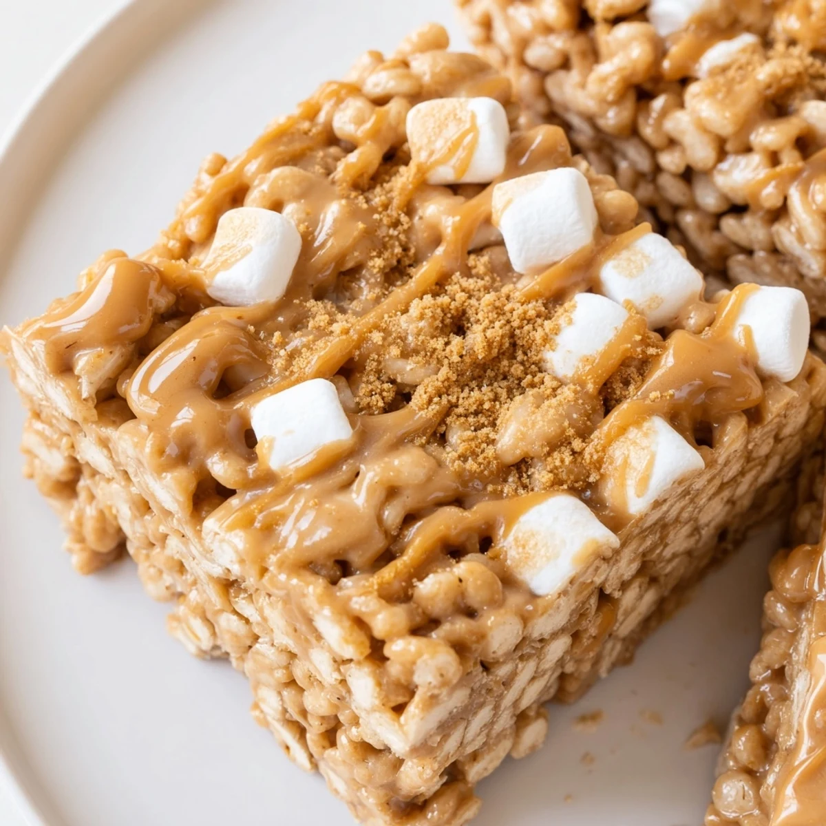 Chewy Biscoff Rice Krispie Treats drizzled with melted spread, cooling on parchment
