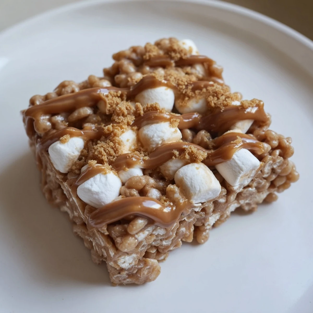 Sticky, crunchy Biscoff Rice Krispie Treats topped with crushed cookies on plate
