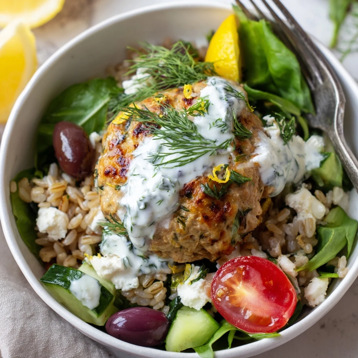 Turkey Mediterranean Meatballs Bowl with golden baked meatballs and herbed yogurt