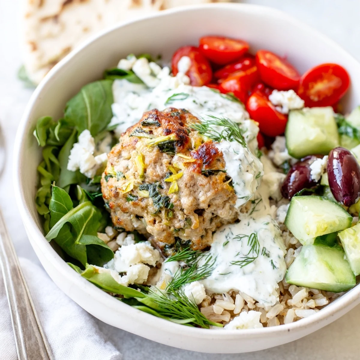 Open-faced Turkey Mediterranean Meatballs Bowl served over warm quinoa with lemon
