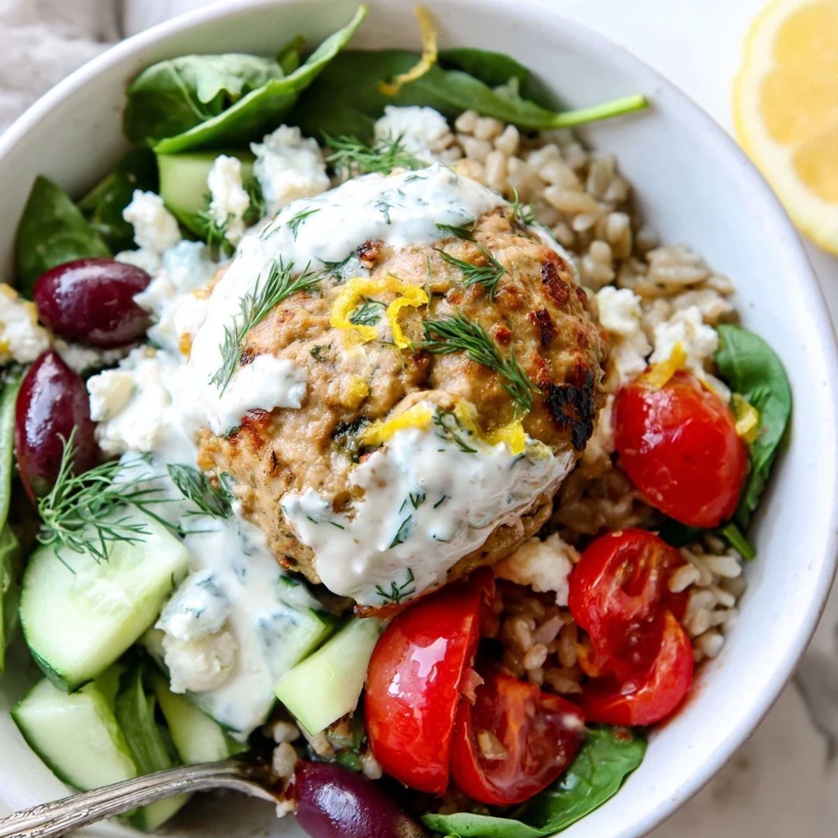 Colorful Turkey Mediterranean Meatballs Bowl crisp cucumber, cherry tomatoes, and creamy feta