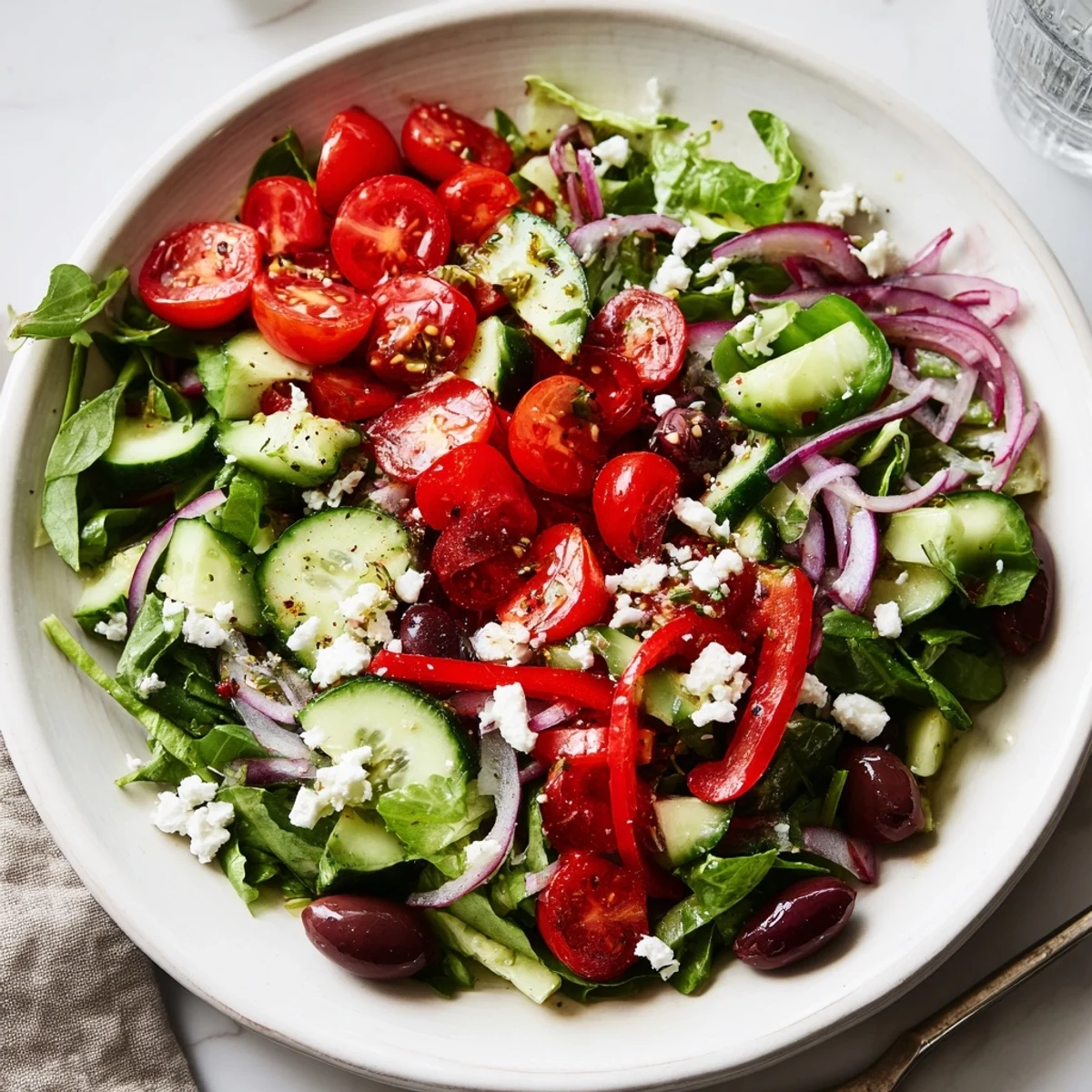 Fresh Salad Recipe in a bowl tossed with peppery arugula, crumbled feta