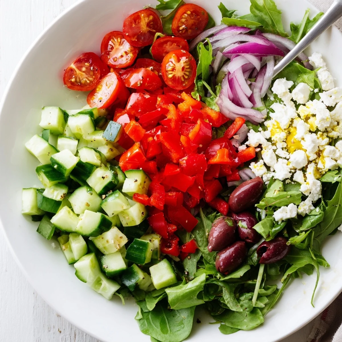 Easy Fresh Salad Recipe served immediately, crunchy bell pepper and red onion