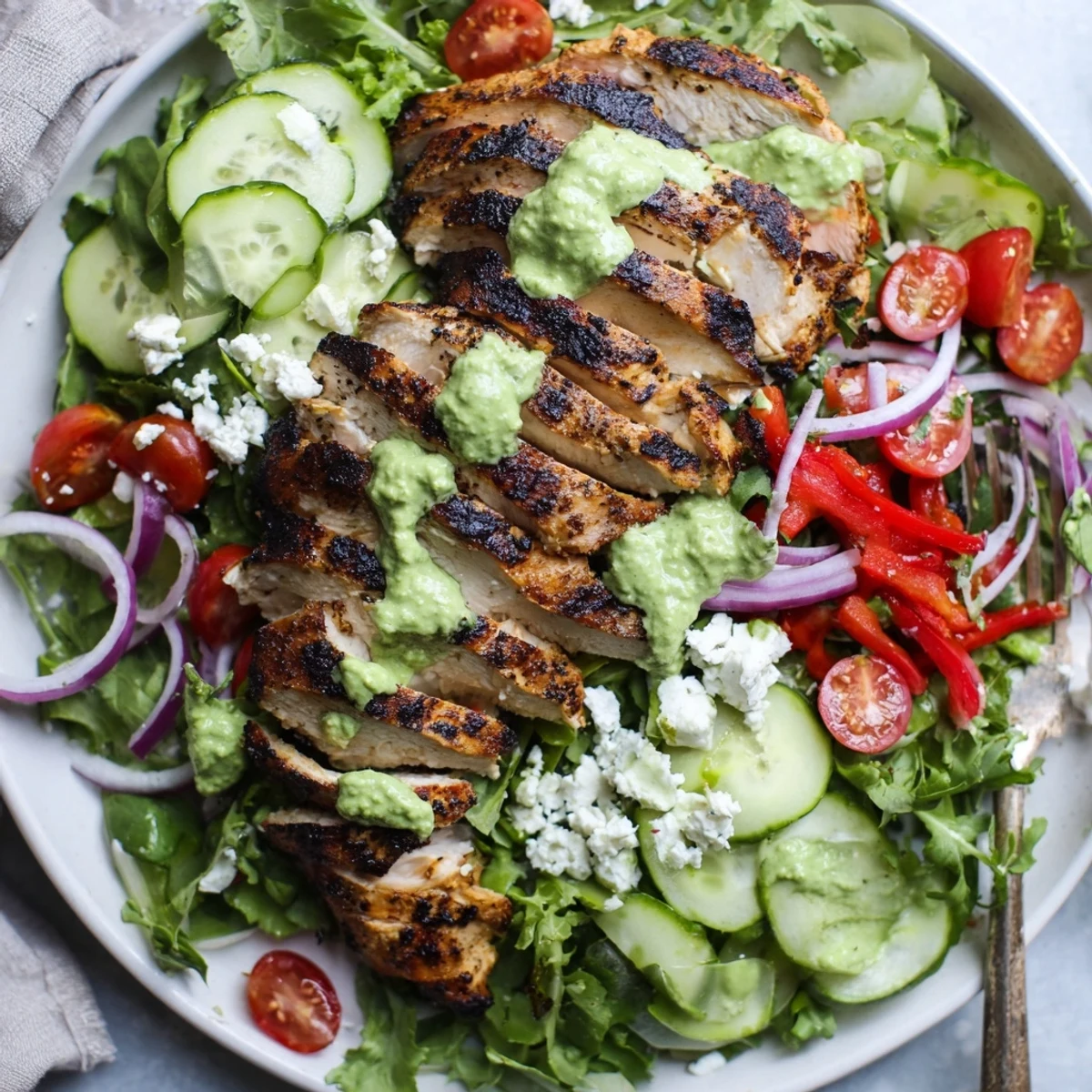 Bright summer bowl: Grilled Chicken Salad Avocado Herb Dressing Recipe served chilled and tossed gently
