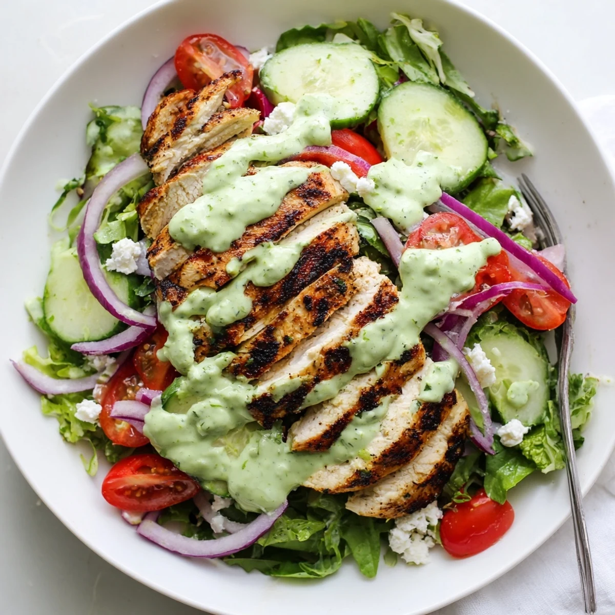 A plate of Grilled Chicken Salad Avocado Herb Dressing Recipe with creamy lime drizzle