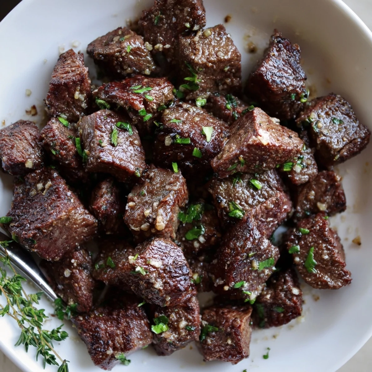 Sizzling Garlic Butter Steak Bites tossed with parsley, perfect over mashed potatoes.