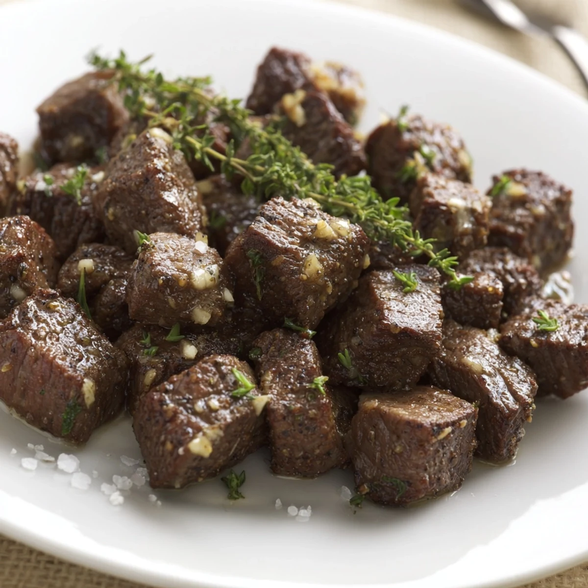 Garlic Butter Steak Bites glistening with herb-flecked butter, steaming on skillet.
