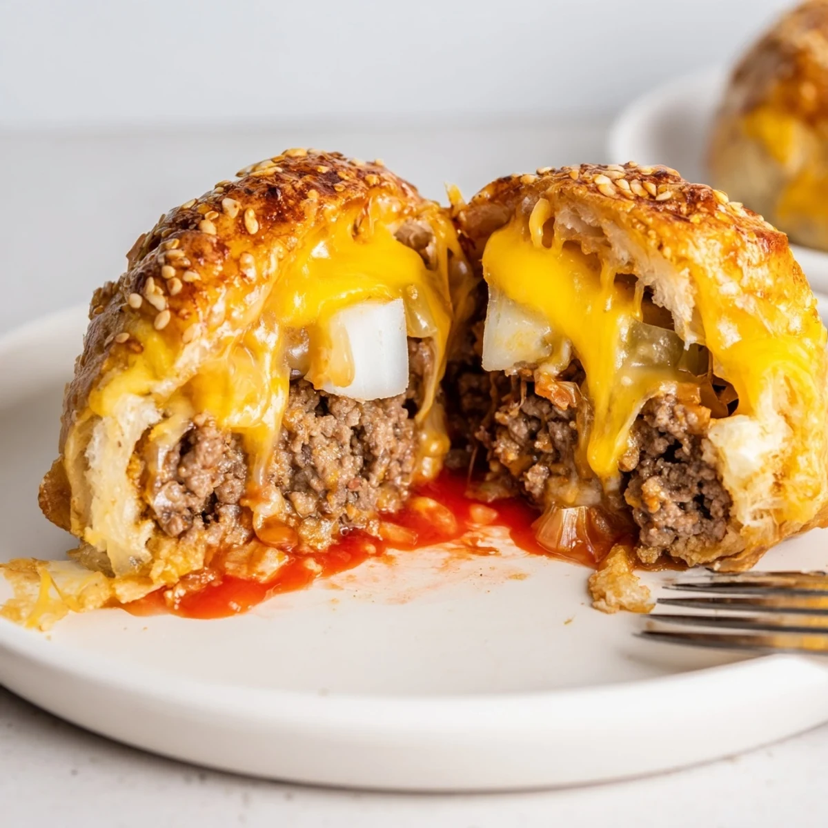 Golden baked Cheesy Cheeseburger Bombs Explosion Recipe oozing melted cheddar, topped with sesame seeds