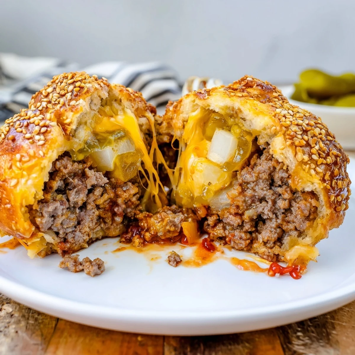 Crisp biscuit crust Cheesy Cheeseburger Bombs Explosion Recipe, juicy beef and pickles