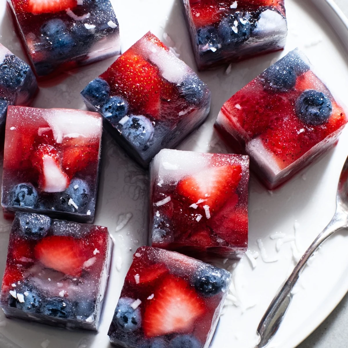 Chilled patriotic drinks topped with fruit-studded Red White And Blue Ice Cubes Recipe