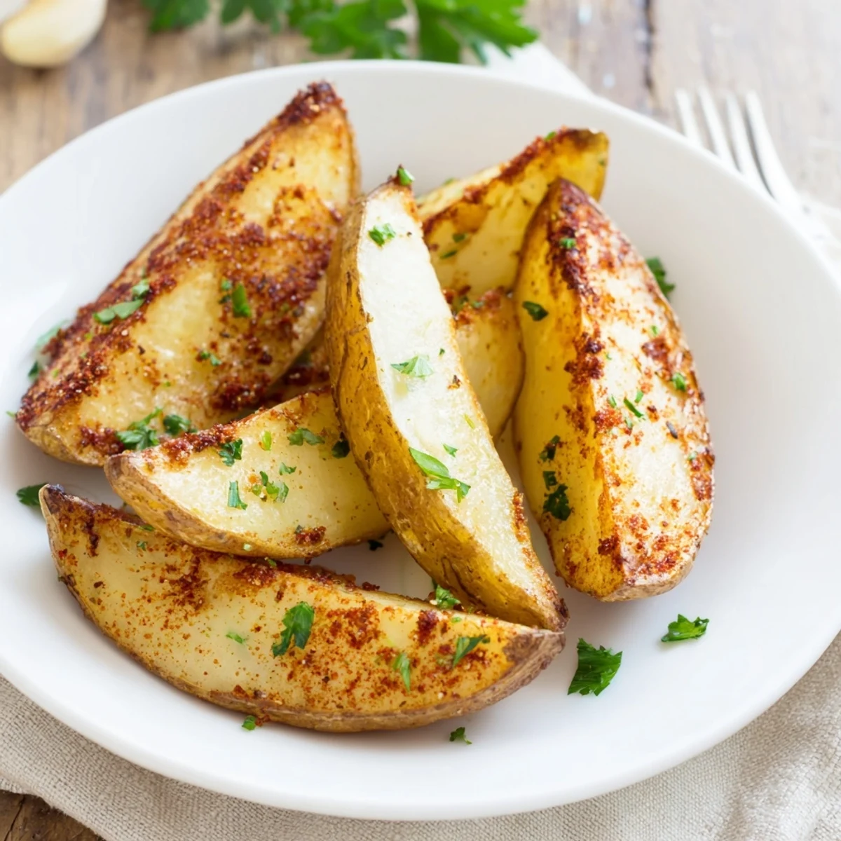 Warm potato wedges piled on a plate, sprinkled with fresh parsley