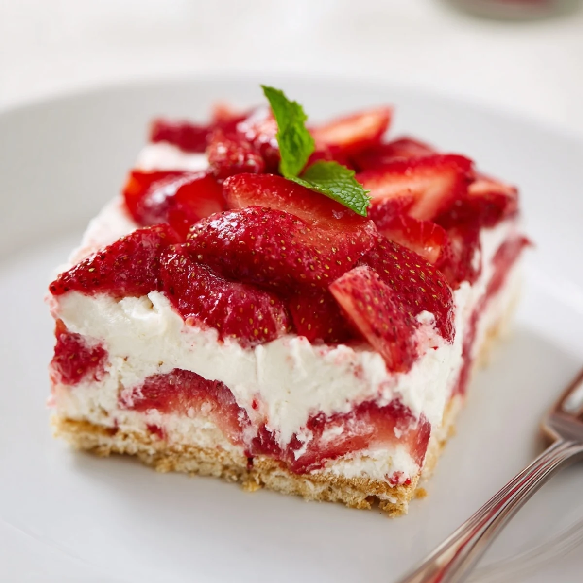 No Bake Strawberry Shortcake Dessert with creamy layers, juicy berries, chilled and ready