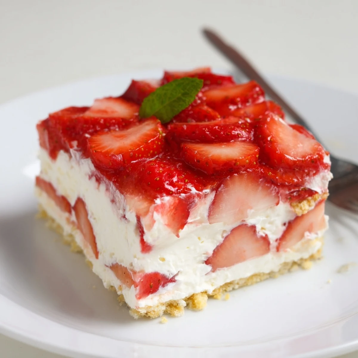 Slice of No Bake Strawberry Shortcake Dessert topped with mint, buttery cookie crunch