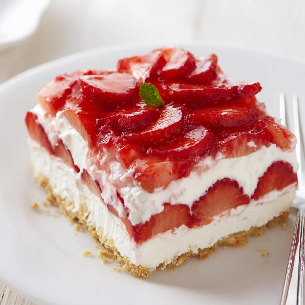 Layered No Bake Strawberry Shortcake Dessert in a dish, velvety cream, vibrant strawberries