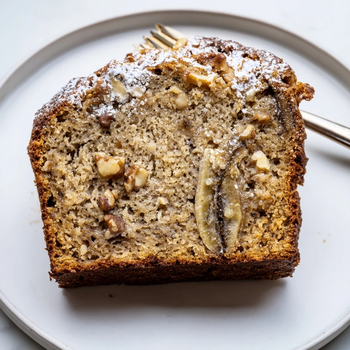 Slice of Banana Bread Cake Recipe with walnuts, tender crumb and cinnamon aroma.