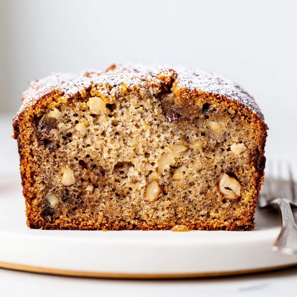 Homestyle Banana Bread Cake Recipe served warm with scoop of vanilla ice cream.