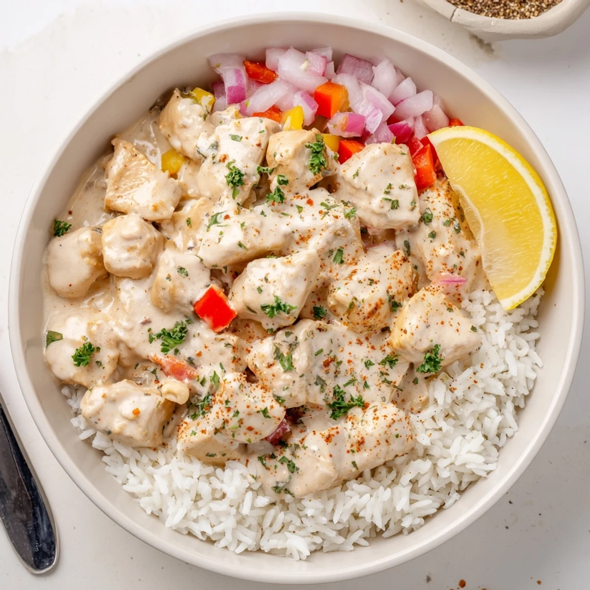 Creamy Cajun Chicken Rice Bowls served hot, tender chicken coated in silky sauce