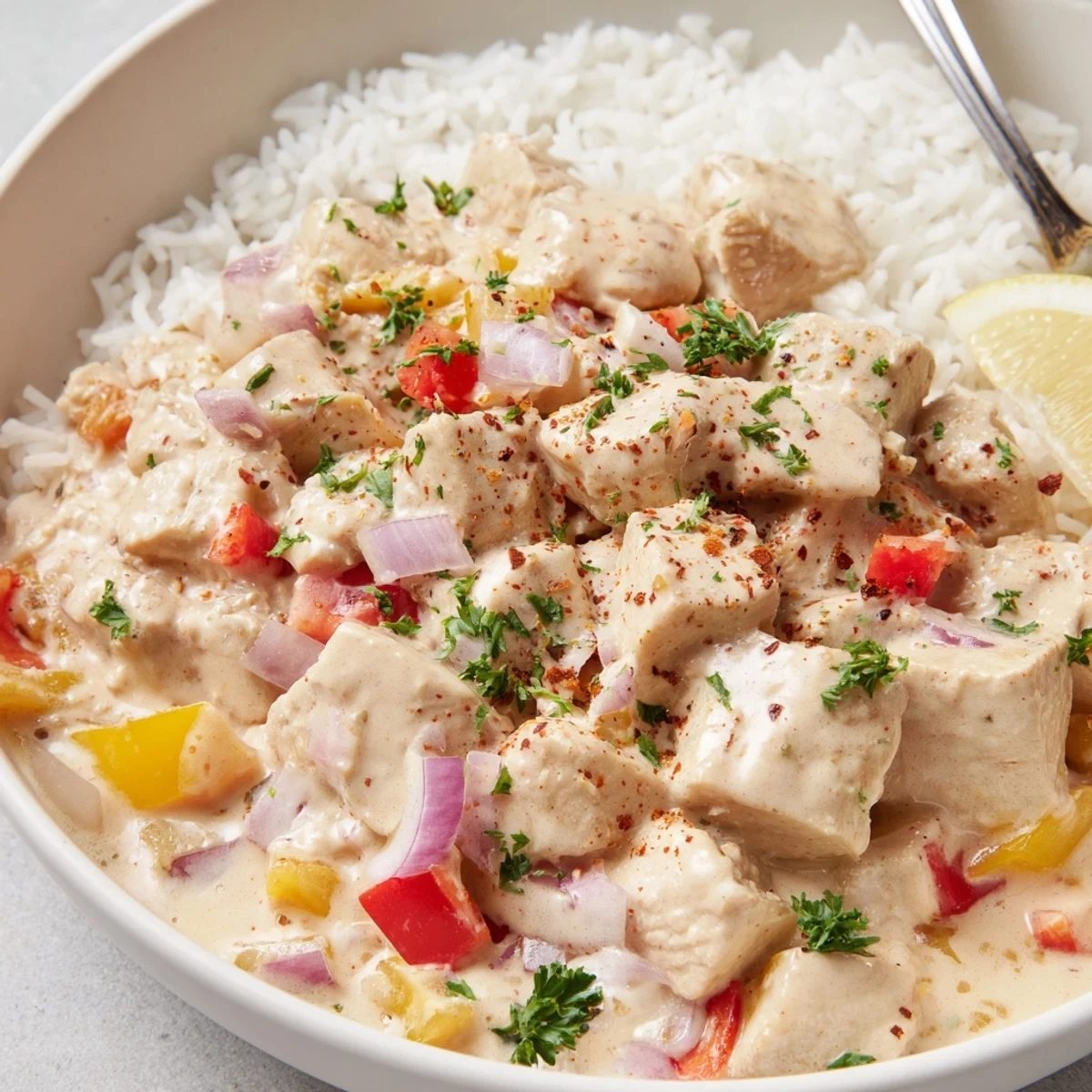 Creamy Cajun Chicken Rice Bowls steaming with vibrant peppers, fragrant parsley, lemon wedge