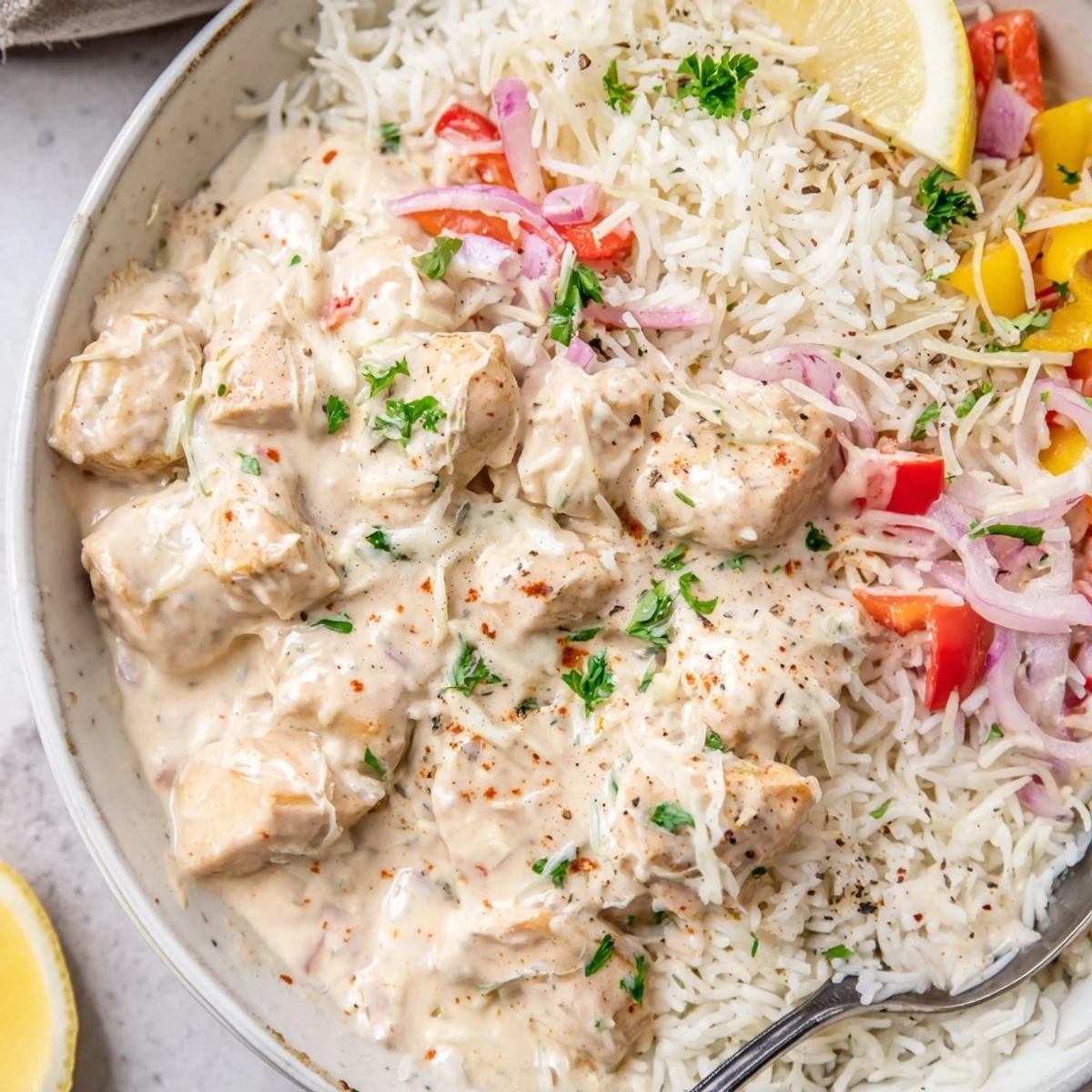 Hearty Creamy Cajun Chicken Rice Bowls topped with chopped parsley and roasted peppers
