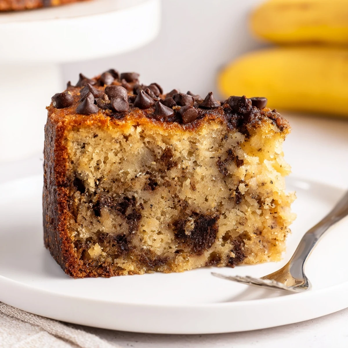 Warm Banana Chocolate Chip Cake Recipe cooling on rack, steam and gooey chips.