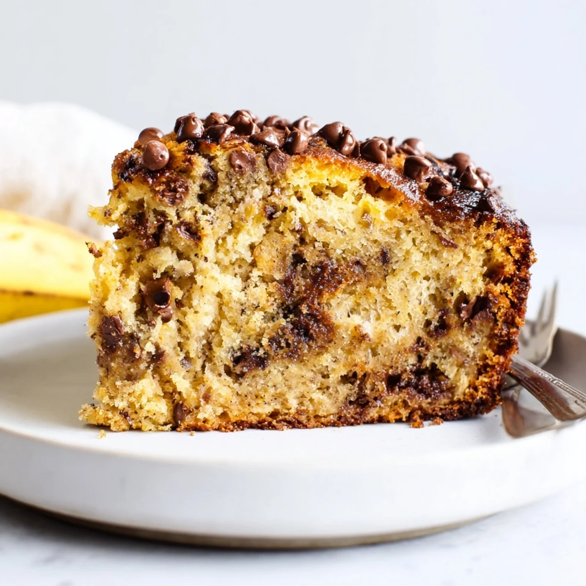 Moist Banana Chocolate Chip Cake Recipe sliced with melting chocolate chips, fragrant bananas.
