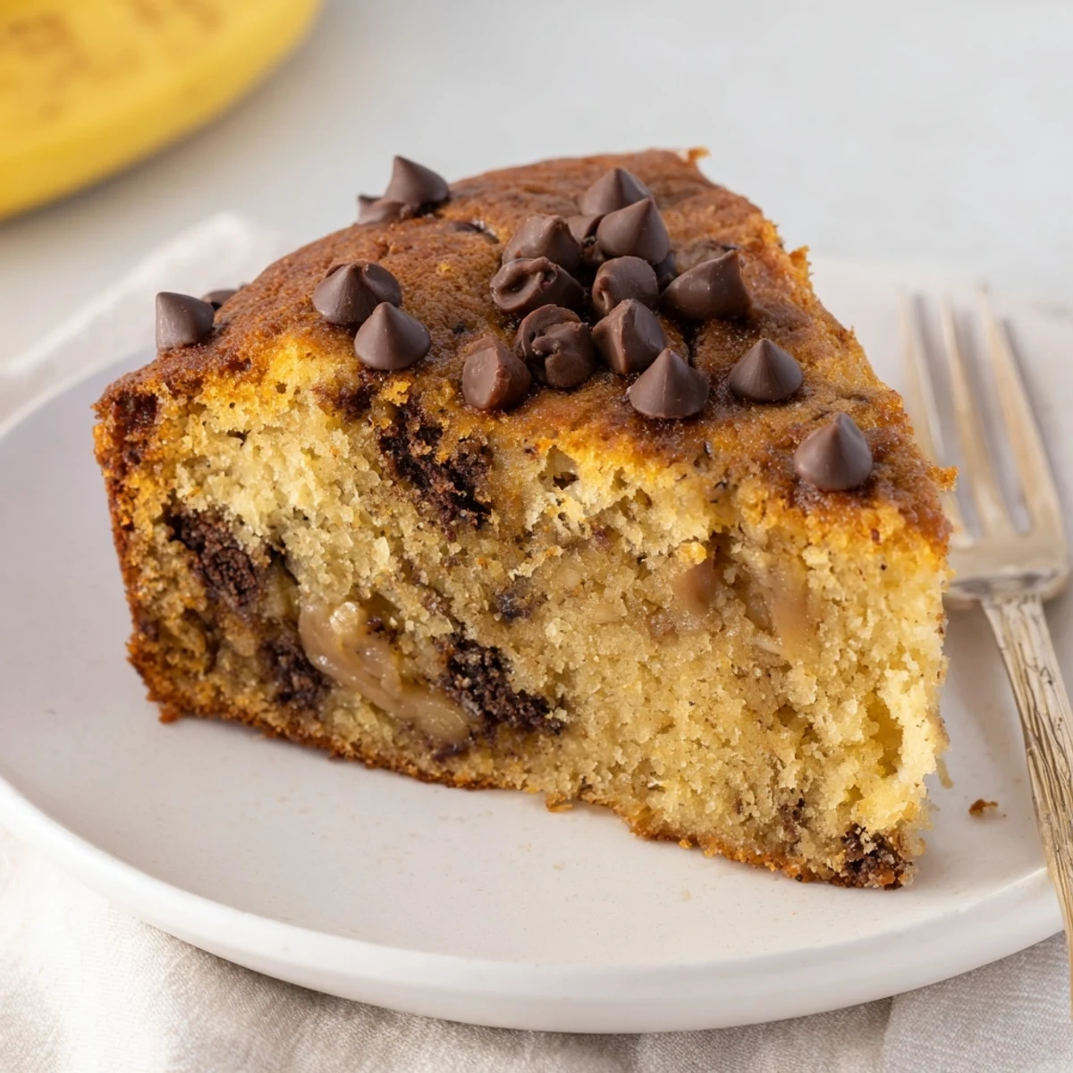 Simple homemade Banana Chocolate Chip Cake Recipe served warm with vanilla ice cream.