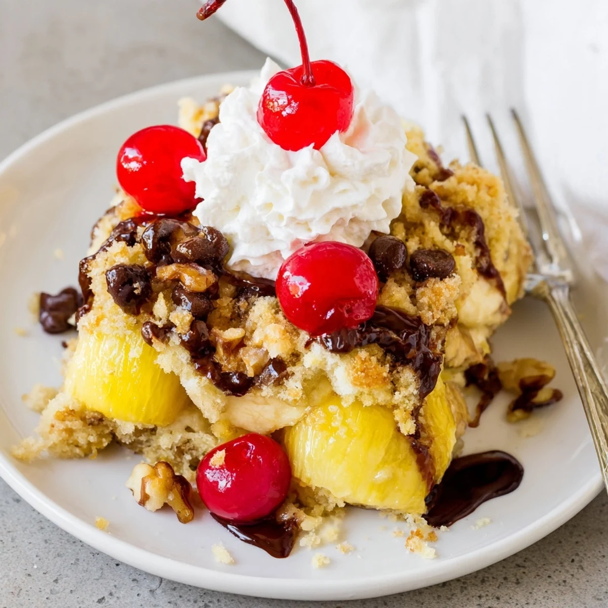 Freshly baked Banana Split Dump Cake with bubbling chocolate and pineapple