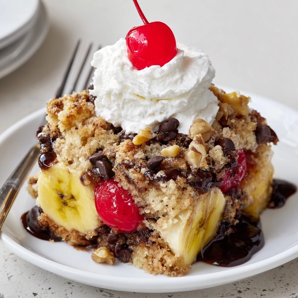 Crowd-pleasing Banana Split Dump Cake served warm alongside vanilla ice cream